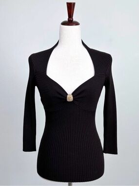 Caché Y2K Brown Form Fitting Rib Knit Sweetheart Neckline Rhinestone Sweater Top
